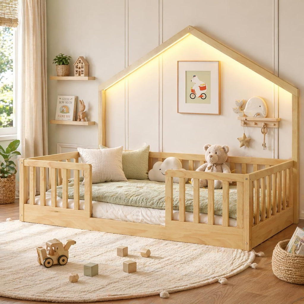 Twin Floor Bed Frame with High Rails, Wooden Montessori Floor Bed Twin with Light & Wood Slats, Low Profile Montessori Beds for Kids, Boys & Girls, Natural