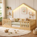Twin Floor Bed Frame with High Rails, Wooden Montessori Floor Bed Twin with Light & Wood Slats, Low Profile Montessori Beds for Kids, Boys & Girls, Natural
