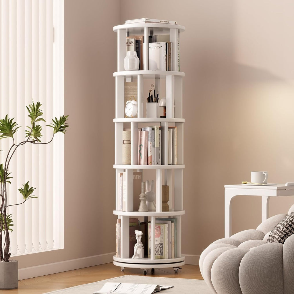 Muwuele Solid Wood Rotating Bookshelf on Wheels, 5 Tier, Round Revolving Bookcase, 360° Spinning Book Shelf Tower for Kids, Narrow Rolling Bookshelves for Small Space, Corner, Bedroom, Office, White