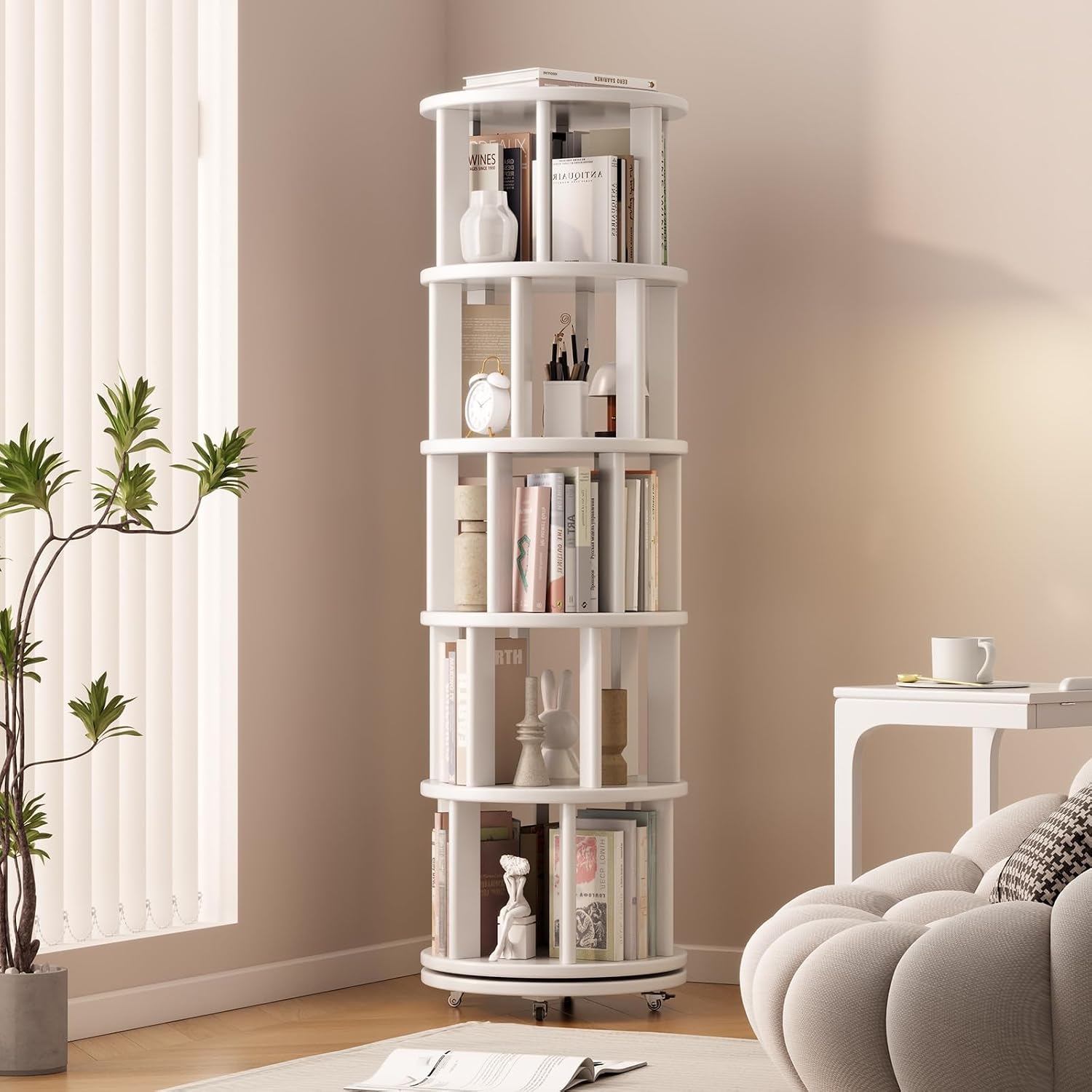 Muwuele Solid Wood Rotating Bookshelf on Wheels, 5 Tier, Round Revolving Bookcase, 360° Spinning Book Shelf Tower for Kids, Narrow Rolling Bookshelves for Small Space, Corner, Bedroom, Office, White