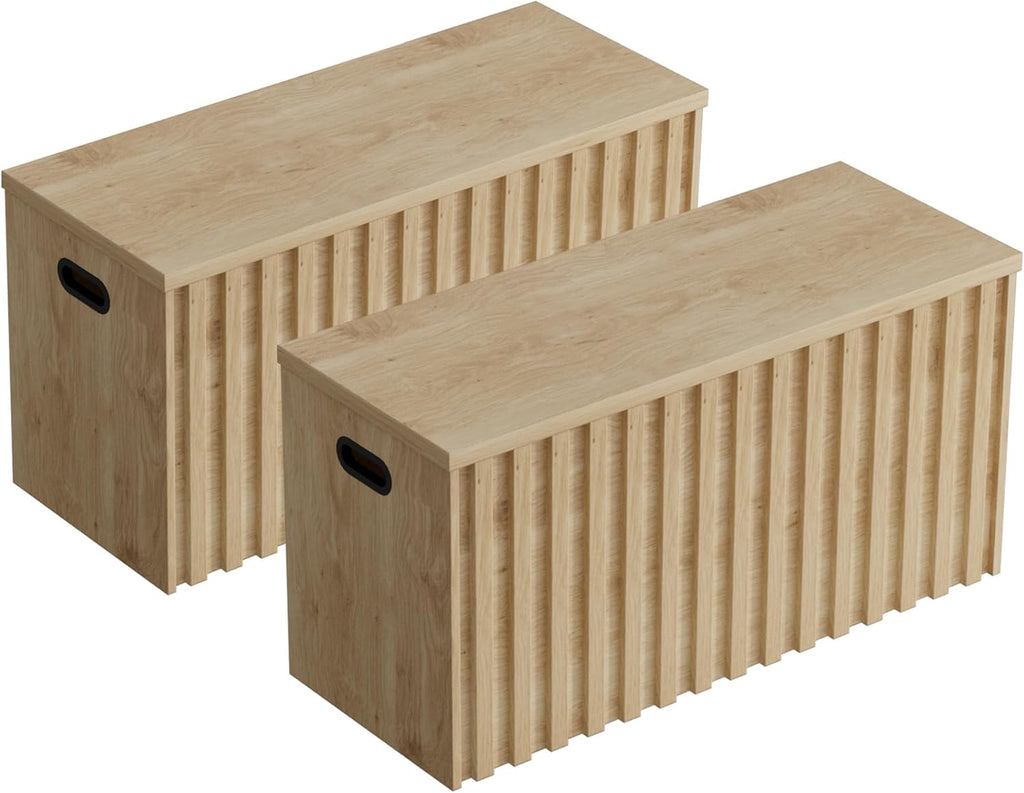UEV Storage Bench Set of 2, 39.4' Wood Storage Trunk with 2 Safety Hinges, Sturdy Storage Chest, Fluted Storage Bench for Bedroom, Shoe Bench for Entryway, Living Room (Ivroy White)