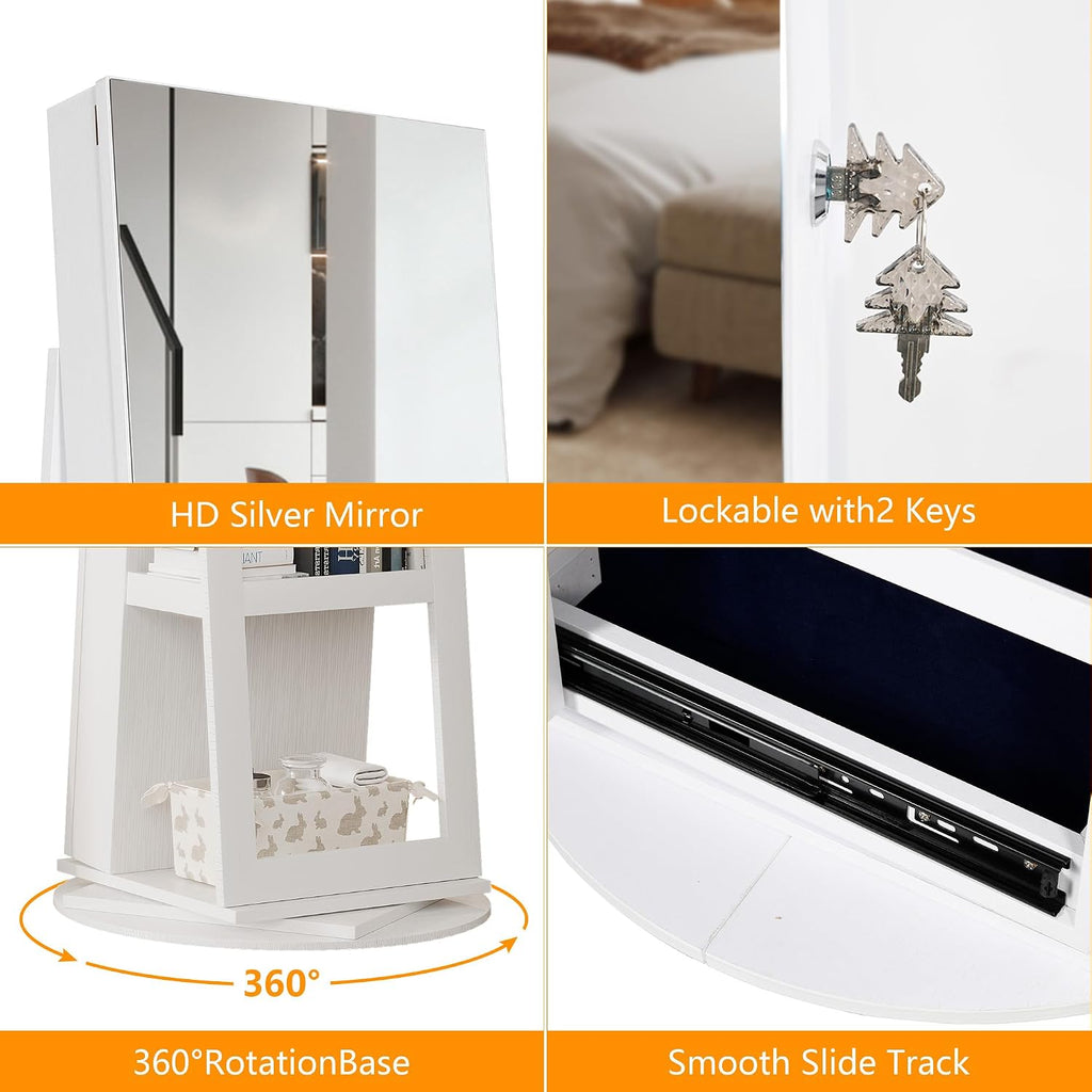 LVSOMT 360° Swivel Jewelry Mirror Cabinet with Lights, Standing Jewelry Armoire Organizer, 63' Rotatable Full-Length Mirror with Jewelry Storage, Lockable with Back Storage Shelve, White
