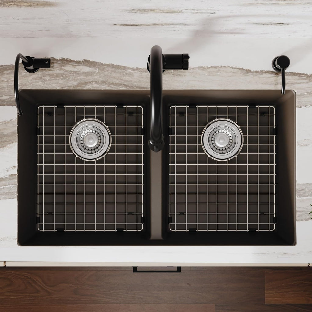 Karran QU-810 32' Undermount Double Equal Bowl Quartz Kitchen Sink Kit in Brown