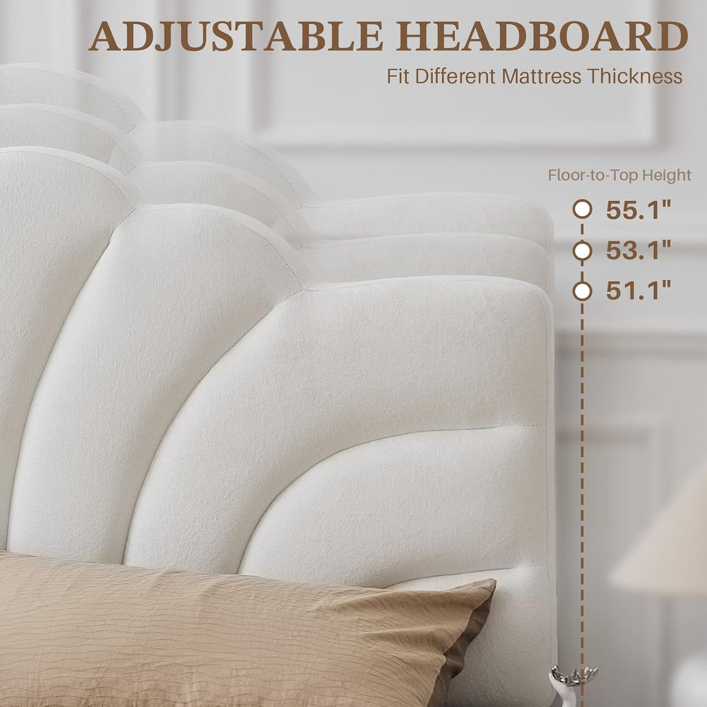 King Size Upholstered Headboard Only Adjustable Bed Headboards CA King Bed, Tiara Crown Shape Headboard with Wood Legs, Velvet Petal Head Board Wall Protector for Bedroom, White