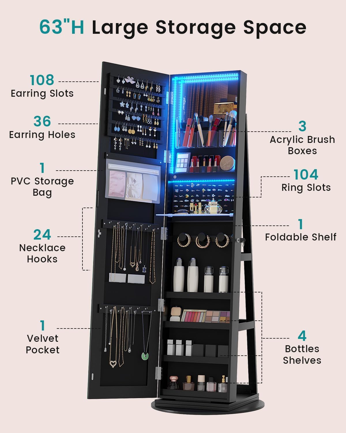 Vlsrka 360° Swivel Jewelry Cabinet with Lights, Lockable Jewelry Armoire Cabinet Standing, Full length Mirror with Storage, Space-Saving Jewelry Armoire Organizer, Gifts for Mom, Black