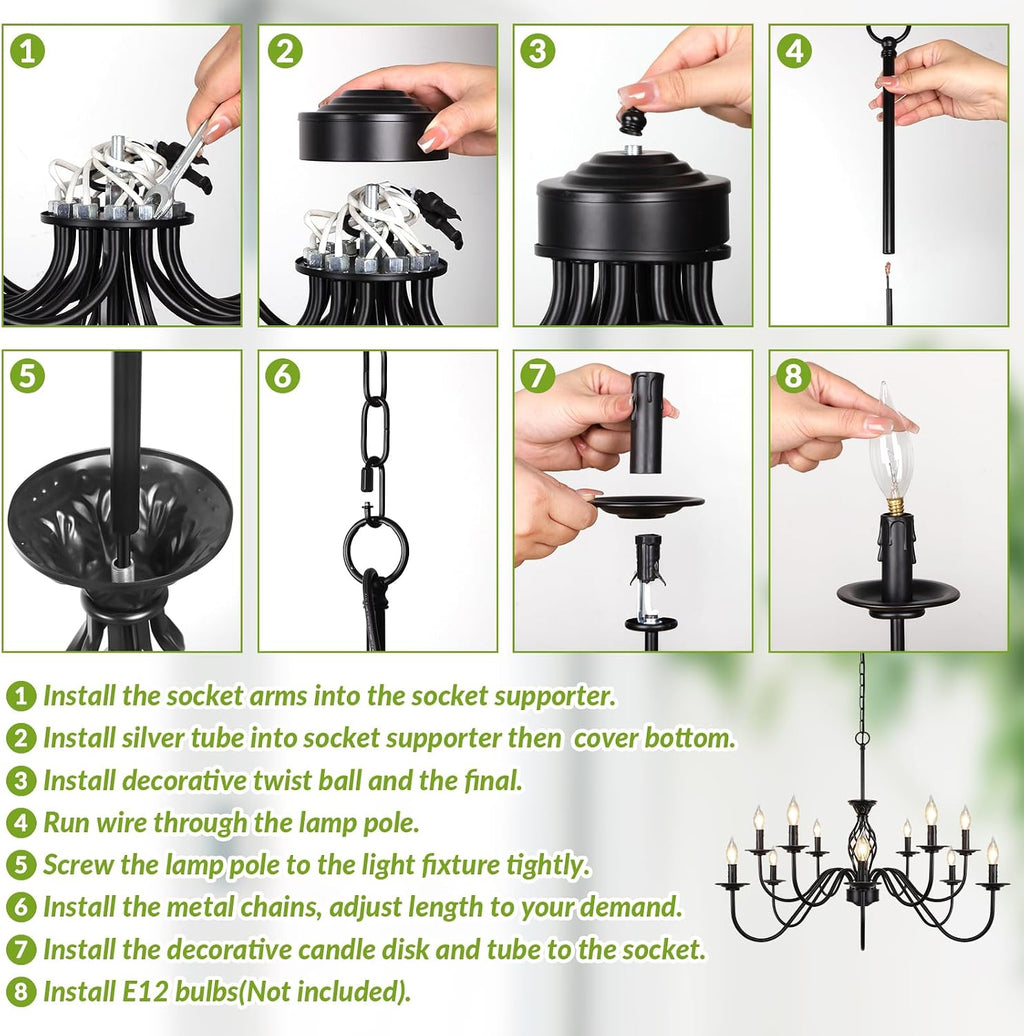 12-Light Farmhouse Candle Chandelier for Living Room, Rustic Industrial Pendant Ceiling Light fixture, Vintage Hanging Lamp for Bedroom Hallway Kitchen Dining Room Foyer, Matte Black E12 Socket