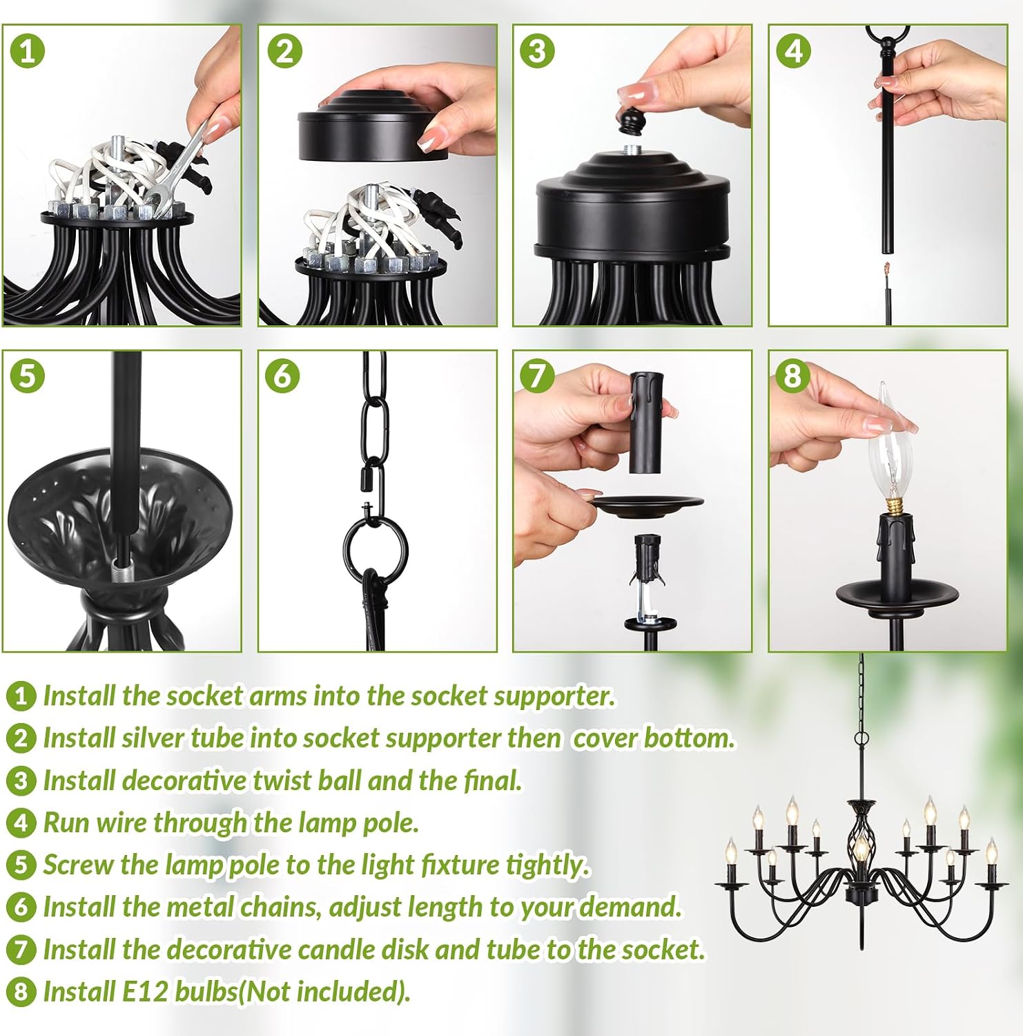 12-Light Farmhouse Candle Chandelier for Living Room, Rustic Industrial Pendant Ceiling Light fixture, Vintage Hanging Lamp for Bedroom Hallway Kitchen Dining Room Foyer, Matte Black E12 Socket