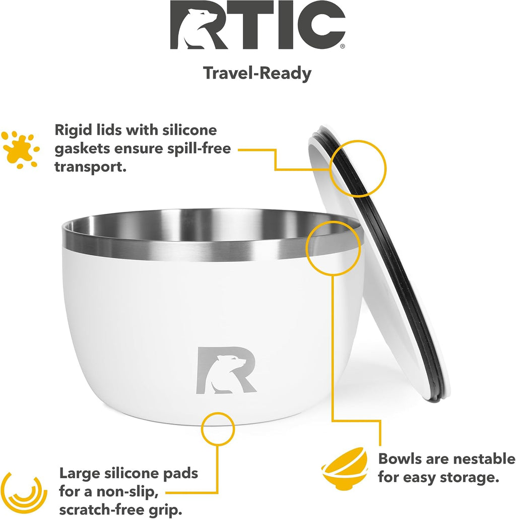 RTIC Anywhere Stainless Steel Camping Bowl Set of Two with Lids, Vacuum Insulated, Stackable, Durable, Outdoor Dinnerware, White