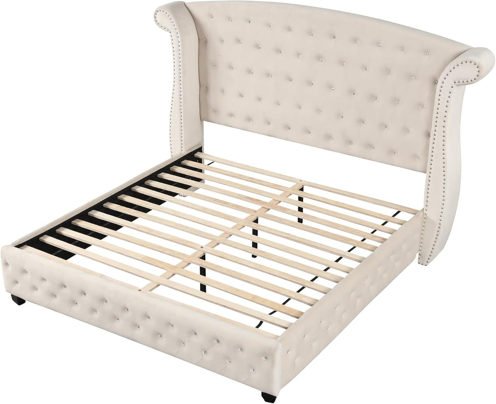 Crystal Tufted Full 4 Pc Vanity Bedroom Set Made with Wood in Cream
