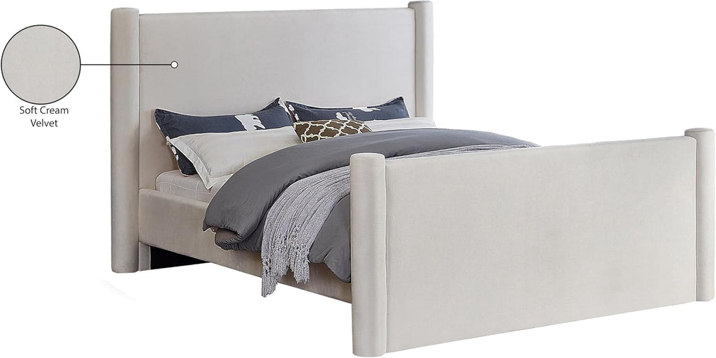 Meridian Furniture B1298Cream-Q Elias Collection Modern | Contemporary Queen Bed with Soft Cream Velvet, Solid Wood Inner Frame, 73.5' W x 88.5' D x 52' H, Cream, Queen