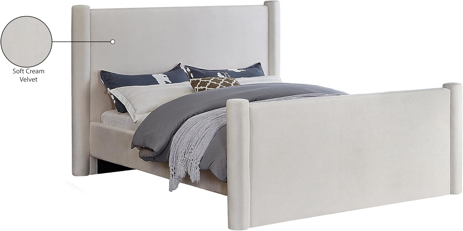 Meridian Furniture B1298Cream-Q Elias Collection Modern | Contemporary Queen Bed with Soft Cream Velvet, Solid Wood Inner Frame, 73.5' W x 88.5' D x 52' H, Cream, Queen