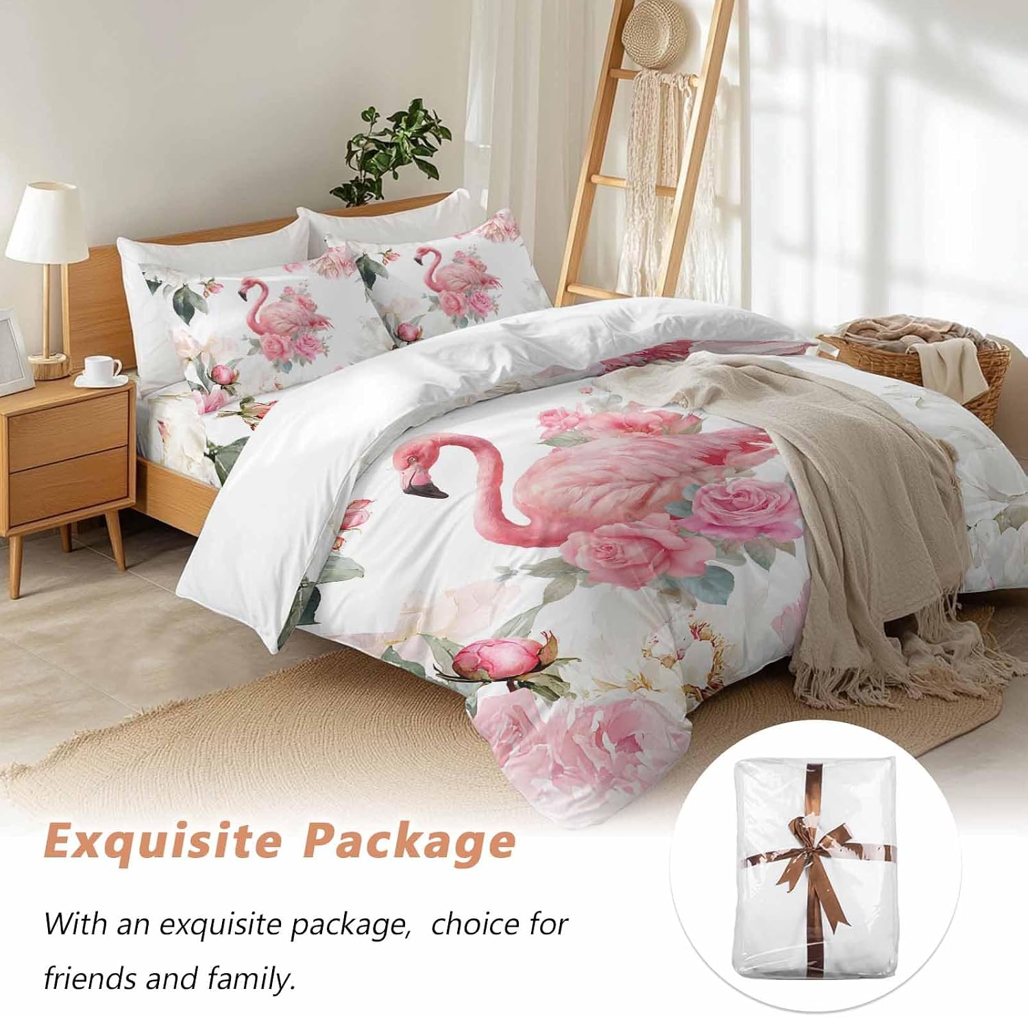 Prime Leader Flamingos Rose Duvet Cover Set Queen Size 4 Pieces Pink Watercolor Floral Spring Nature Bedding Set with Zipper Closure, 1 Comforter Cover 92x106 Inches 1 Flat Sheet & 2 Pillow Cases