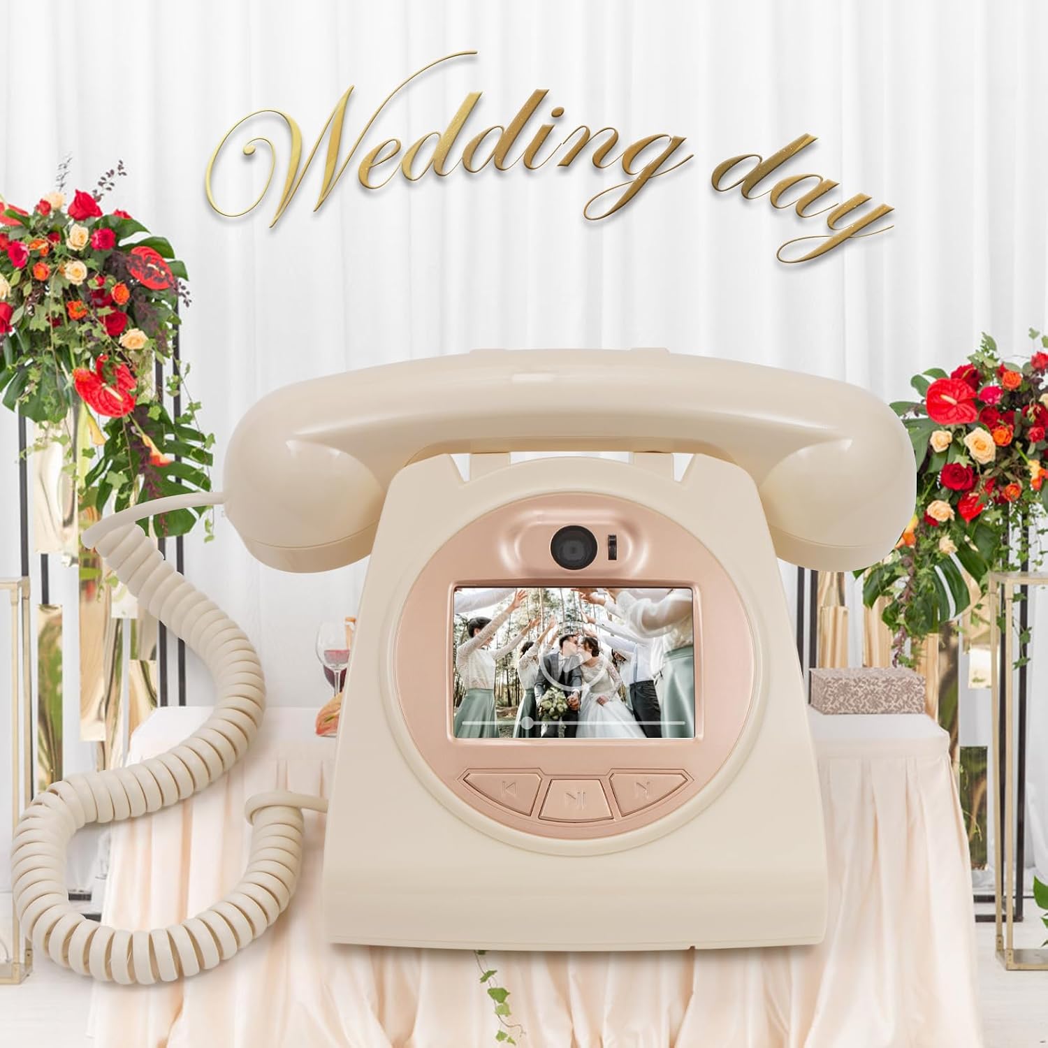 UKBW Video Audio Guest Book Wedding Phone, 1080P HD Video Audio Phone Guestbook, Preserve Your Special Occasions, Ideal for Wedding Bridal Shower, Birthday, Graduations, Baby Shower(Beige)