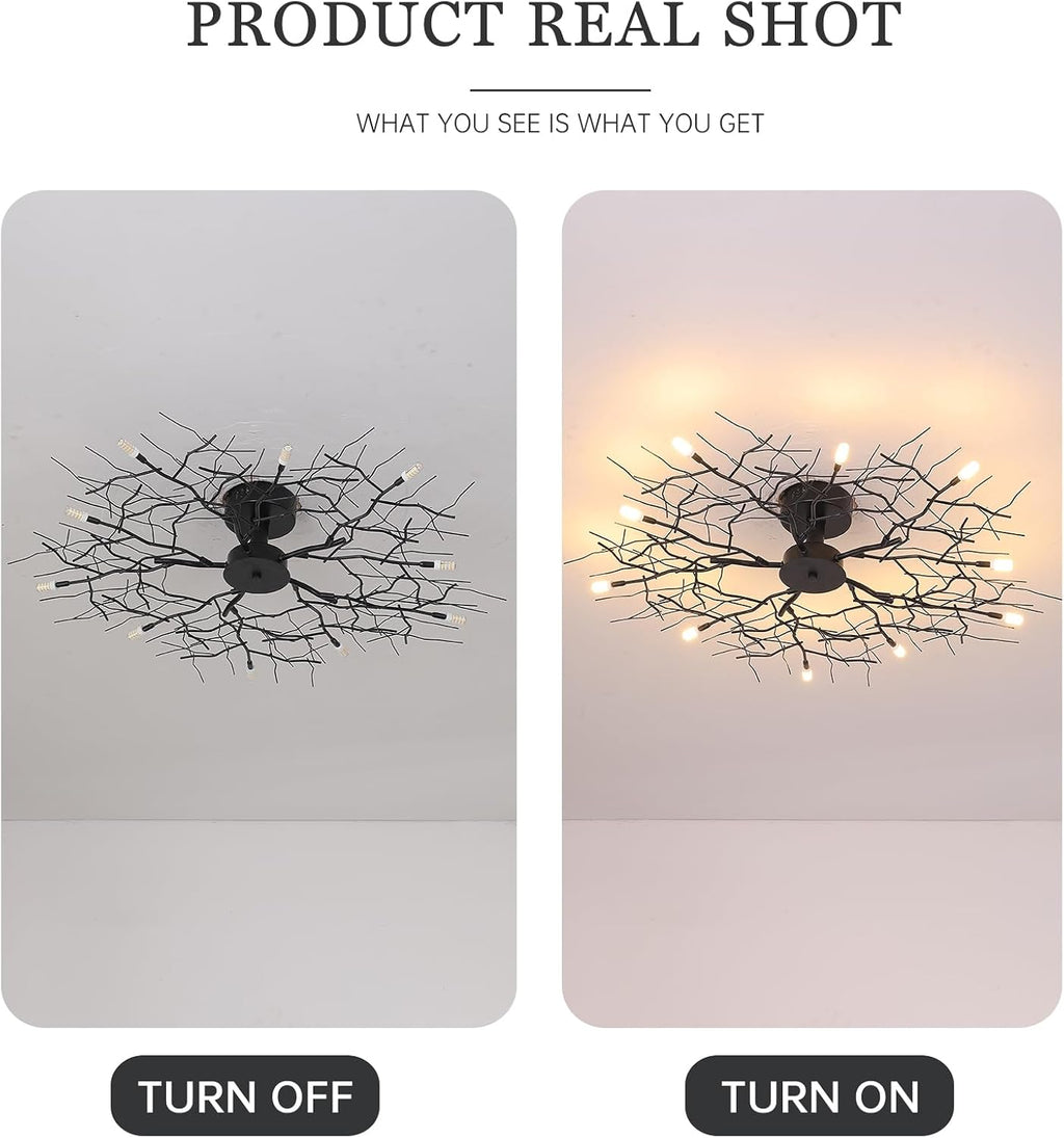 37' Large Semi Flush Mount Ceiling Light Fixture,Black Modern Chandelier with Branch Shapes,10-Lights Industrial Close to Ceiling Light Fixtures for Living Room Bedroom Kitchen Dining Room