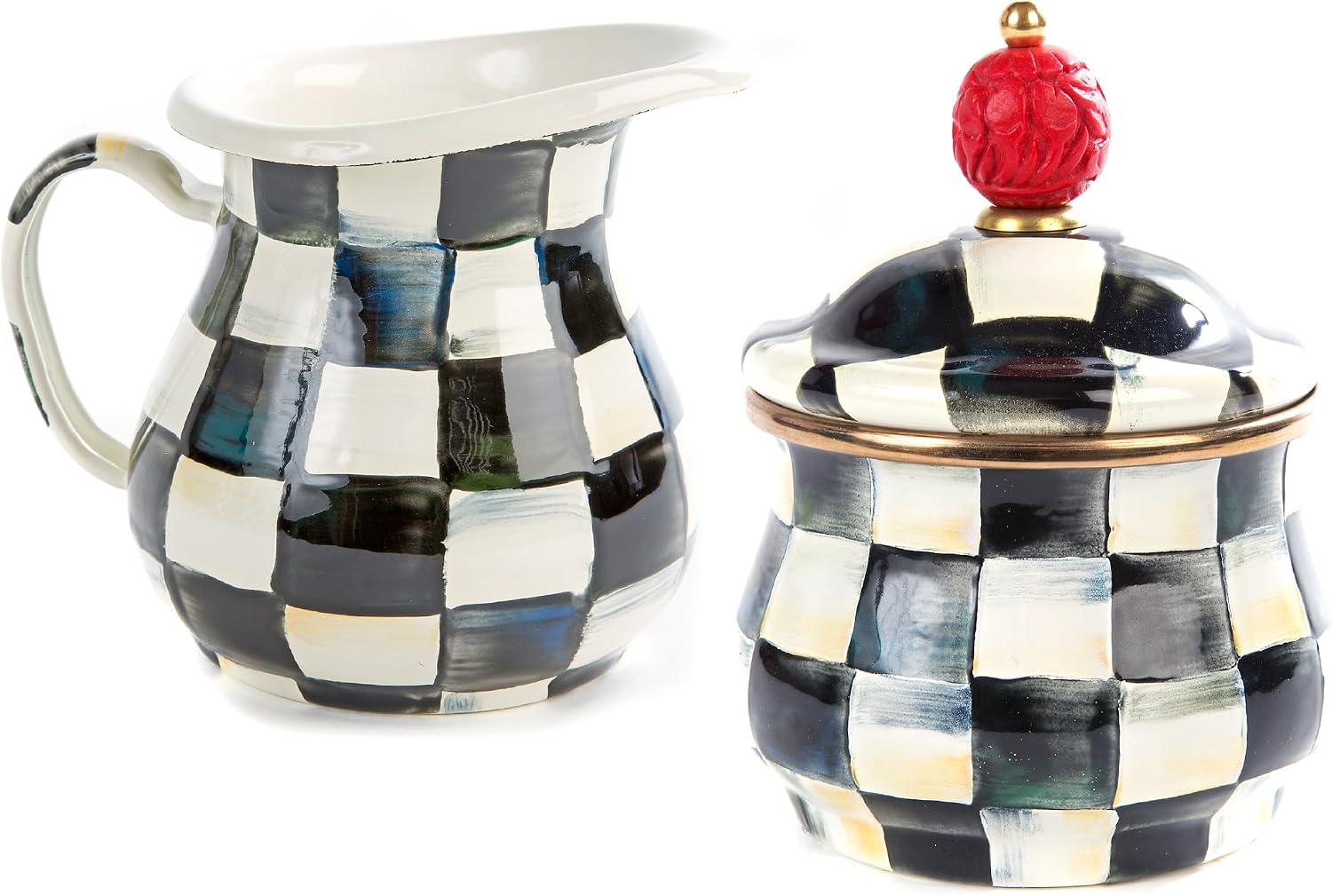 MACKENZIE-CHILDS Enamel Creamer and Sugar-Bowl Set, Cream Dispenser and Sugar Holder, Unique Kitchen Decor, Black-and-White Courtly Check