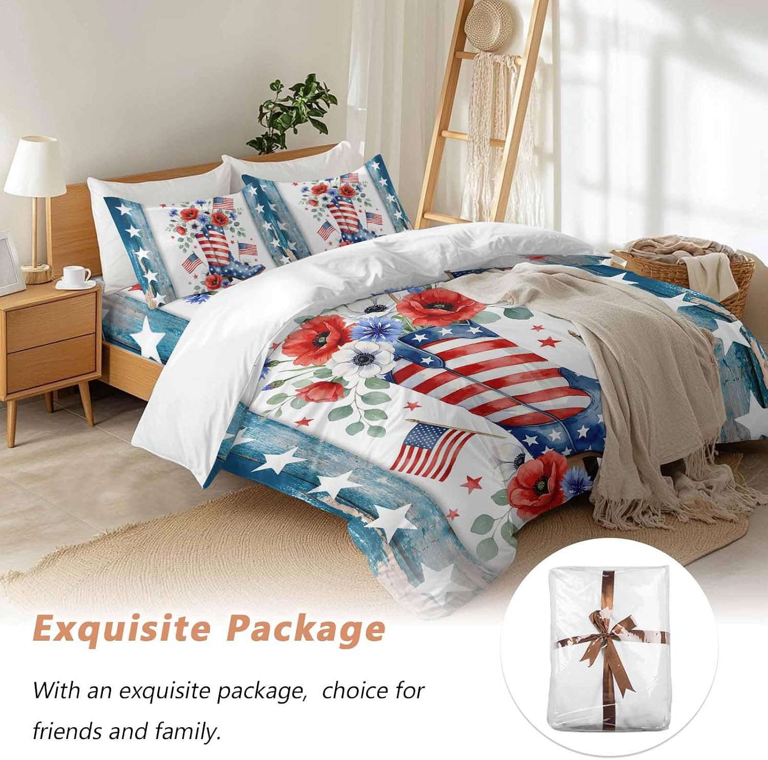 Independence Day Duvet Cover Set Queen Size 4 Pieces American Flag Boots Flowers Blue Wood Grain Bedding Set with Zipper Closure, 1 Comforter Cover 86x86 Inches 1 Flat Sheet & 2 Pillow Cases