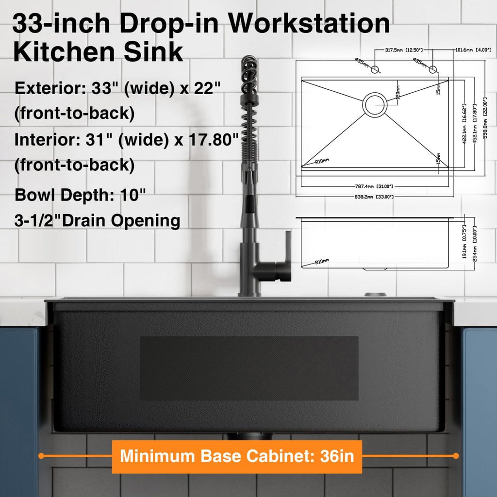33 inch Gunmetal Black Drop-In Workstation Sink, 18 Gauge Single Bowl Topmount Stainless Steel Kitchen Sink with Spring Neck Faucet and Various Accessories