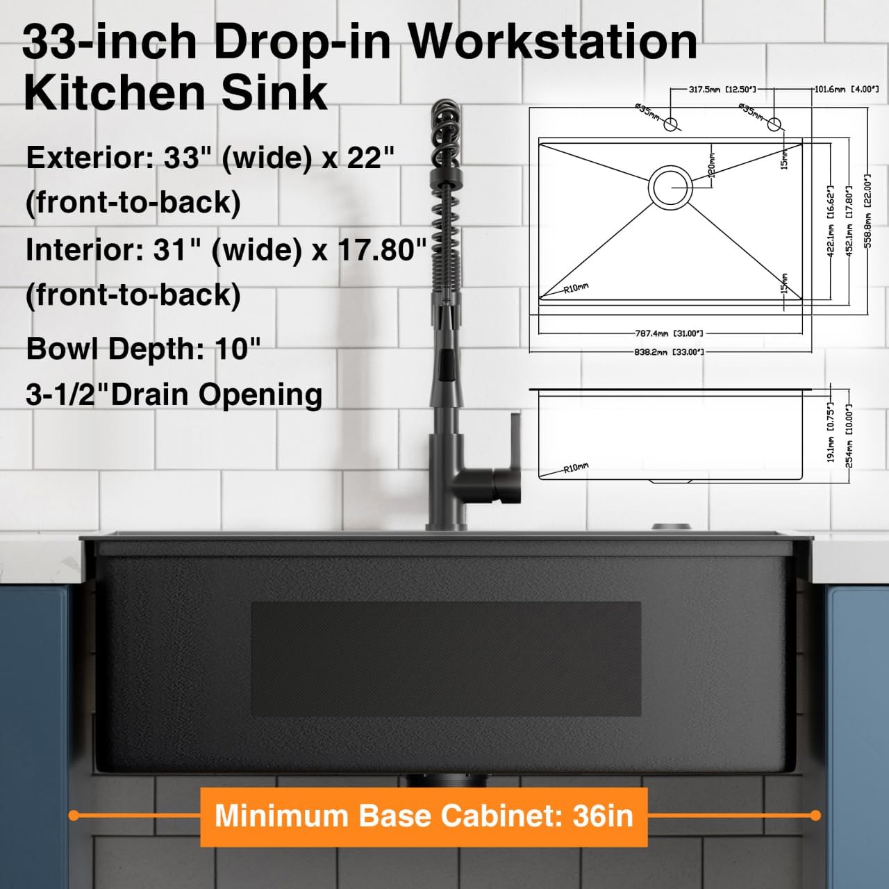 33 inch Gunmetal Black Drop-In Workstation Sink, 18 Gauge Single Bowl Topmount Stainless Steel Kitchen Sink with Spring Neck Faucet and Various Accessories