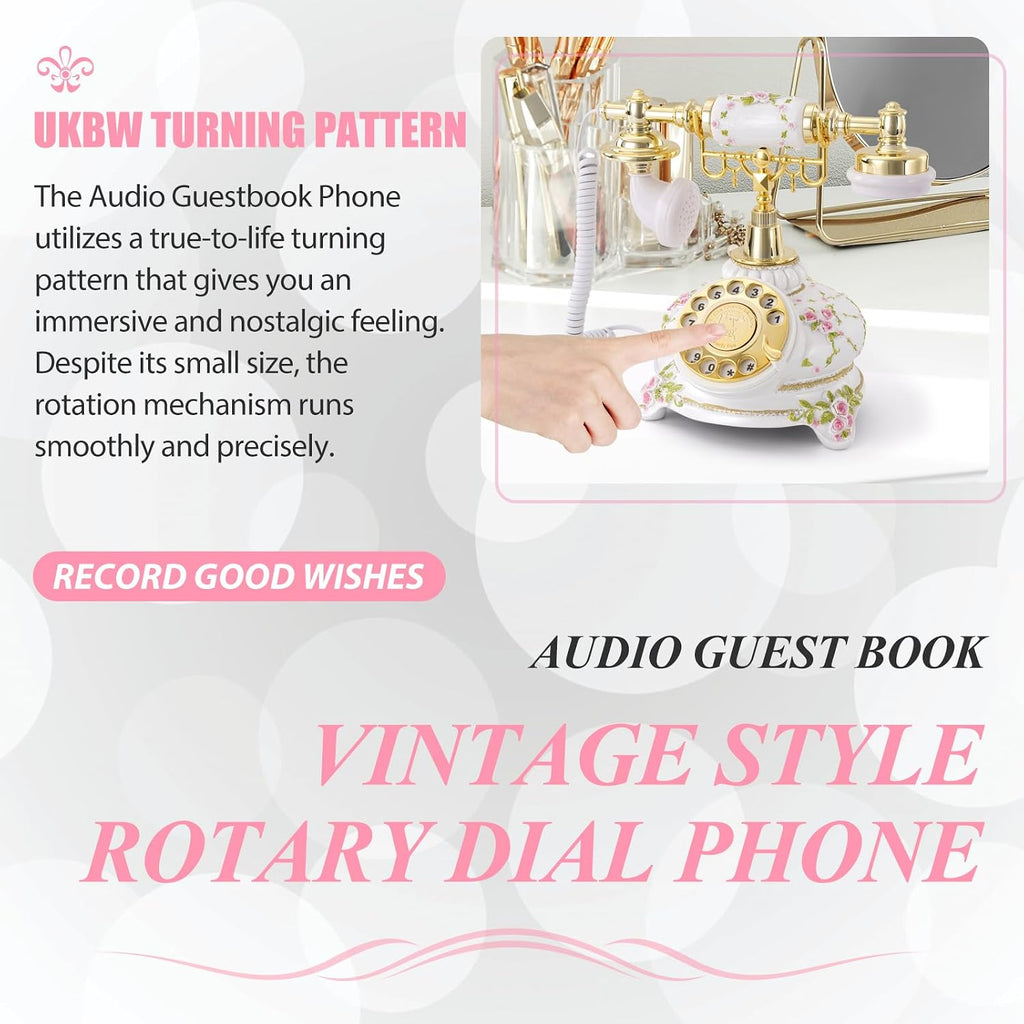 Audio Guest Book Phone, 32G Capacity Vintage Audio GuestBook Wedding Phone, Retro Audio Telephone Recording Customized Voice Message for Your Wedding Party, Retro Flower
