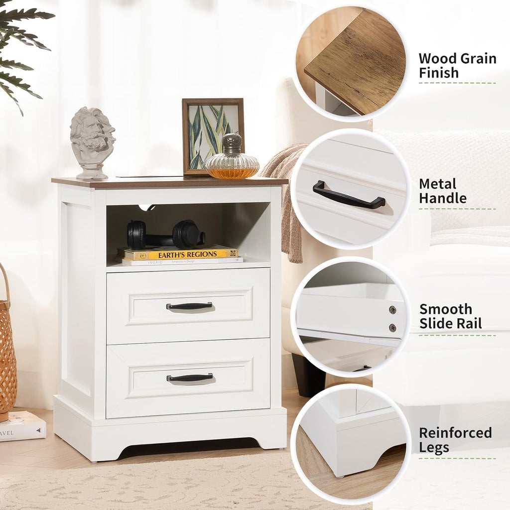 Farmhouse Nightstand with Charging Station- Wood Night Stand Set 2, 2 Drawer Nightstands Set of 2, Bedside Table with Storage, Rustic Night Stands for Bedroom, Closet, 18' Wide, 24' Tall