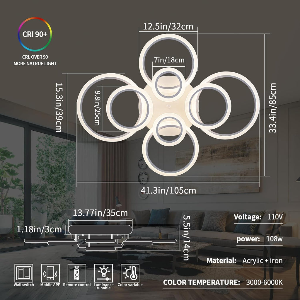 Shine LUEST Modern LED Ceiling Light, Dimmable LED Chandelier Flush Mount Ceiling Lights, Remote Control Acrylic Ring Ceiling Lamp Fixture for Living Room Dining Room Bedroom (White, 8 Rings)