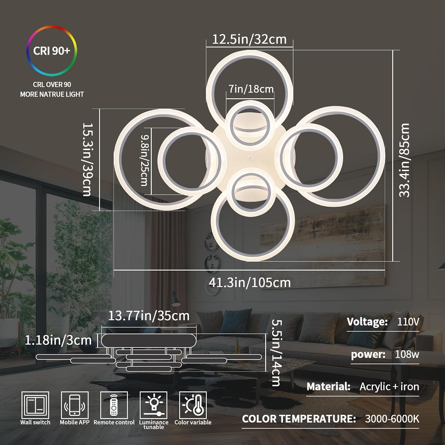 Shine LUEST Modern LED Ceiling Light, Dimmable LED Chandelier Flush Mount Ceiling Lights, Remote Control Acrylic Ring Ceiling Lamp Fixture for Living Room Dining Room Bedroom (White, 8 Rings)