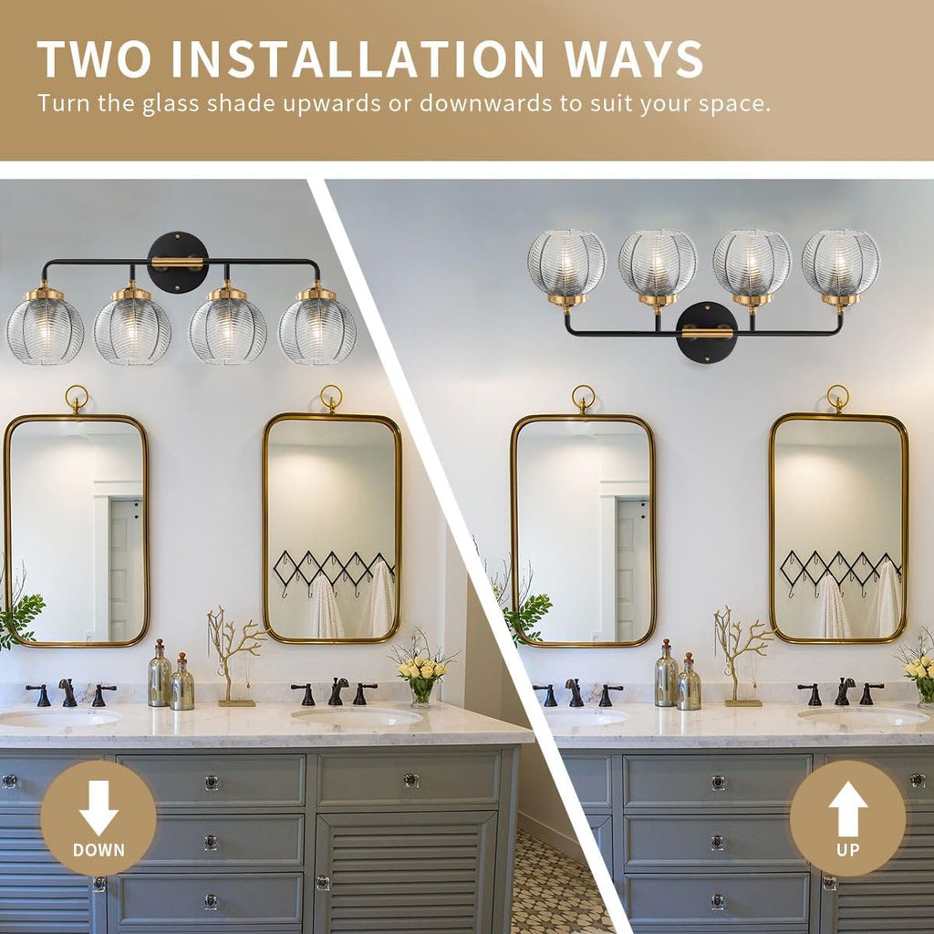 4-Light Bathroom Vanity Light Black Wall Light Sconces with Smoky Gray Glass Shade Mid Century Bathroom Wall Lights Fixtures Modern Vanity Lamp for Over Mirror Living Room Cabinet