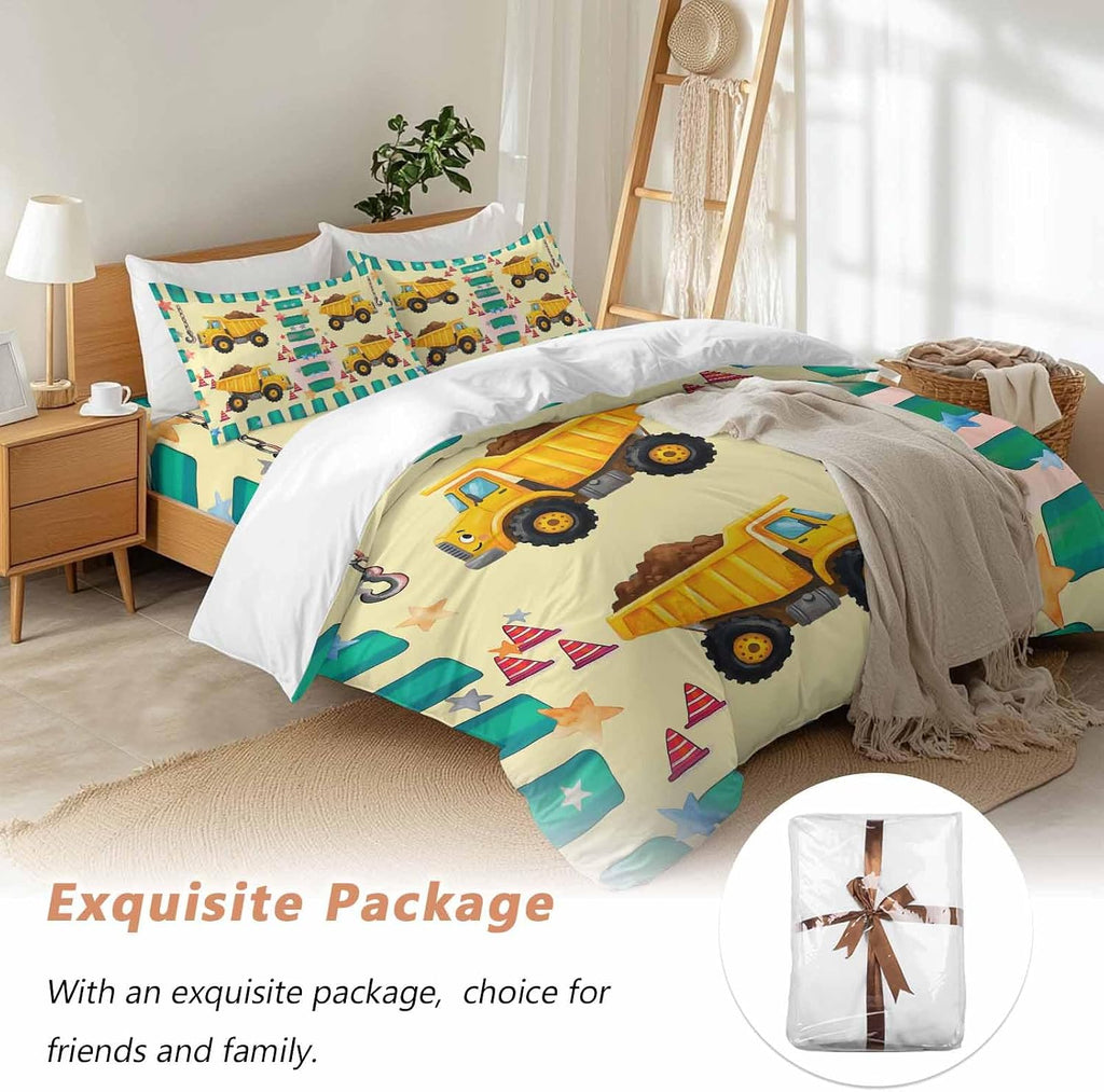 Prime Leader Cartoon Caravans Duvet Cover Set Queen Size 4 Pieces Hookups Roadblocks Stars Green Border Bedding Set with Zipper Closure, 1 Comforter Cover 86x86 Inches 1 Flat Sheet & 2 Pillow Cases