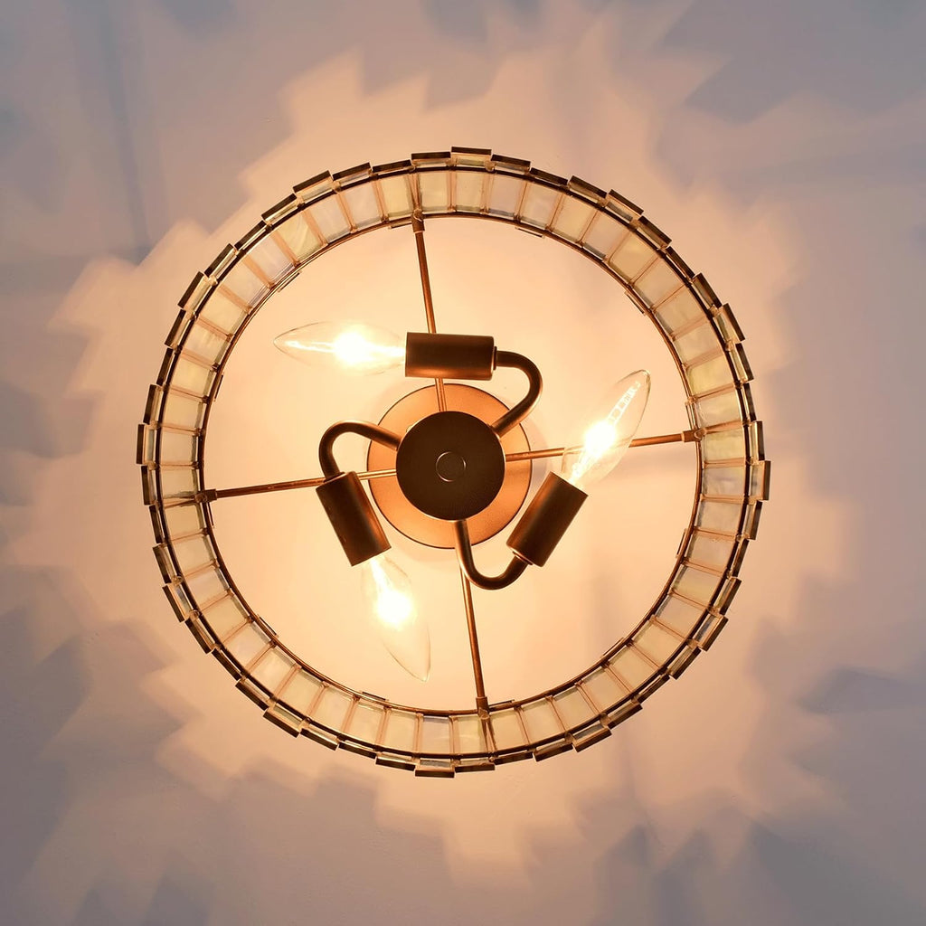 Antique Brass Ceiling Light Fixture in Drum Shape, 12.5' Semi Flush Mount Stained Tiffany Lamp with Aqua Green Glass, 3 Light Round Tiffany Style Lamp for Foyer Hallway Bedroom Kitchen