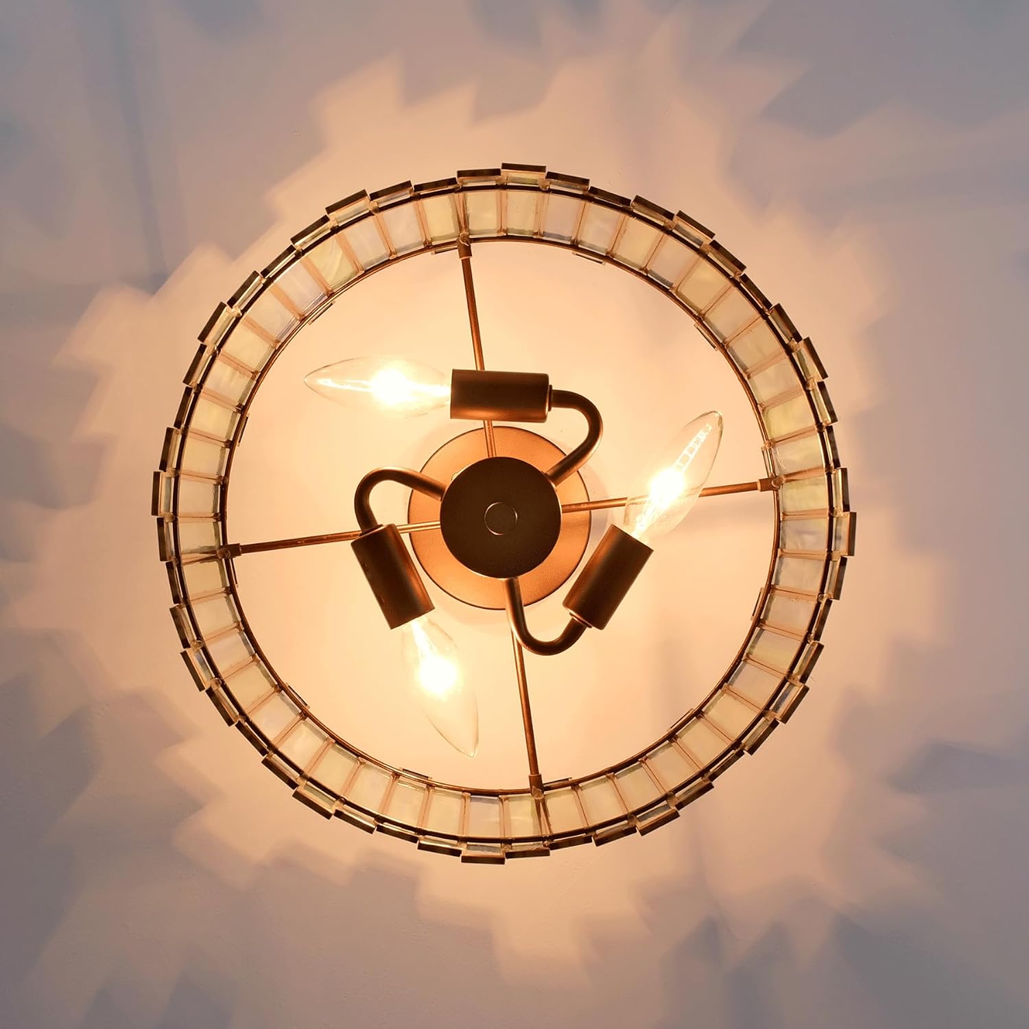 Antique Brass Ceiling Light Fixture in Drum Shape, 12.5' Semi Flush Mount Stained Tiffany Lamp with Aqua Green Glass, 3 Light Round Tiffany Style Lamp for Foyer Hallway Bedroom Kitchen