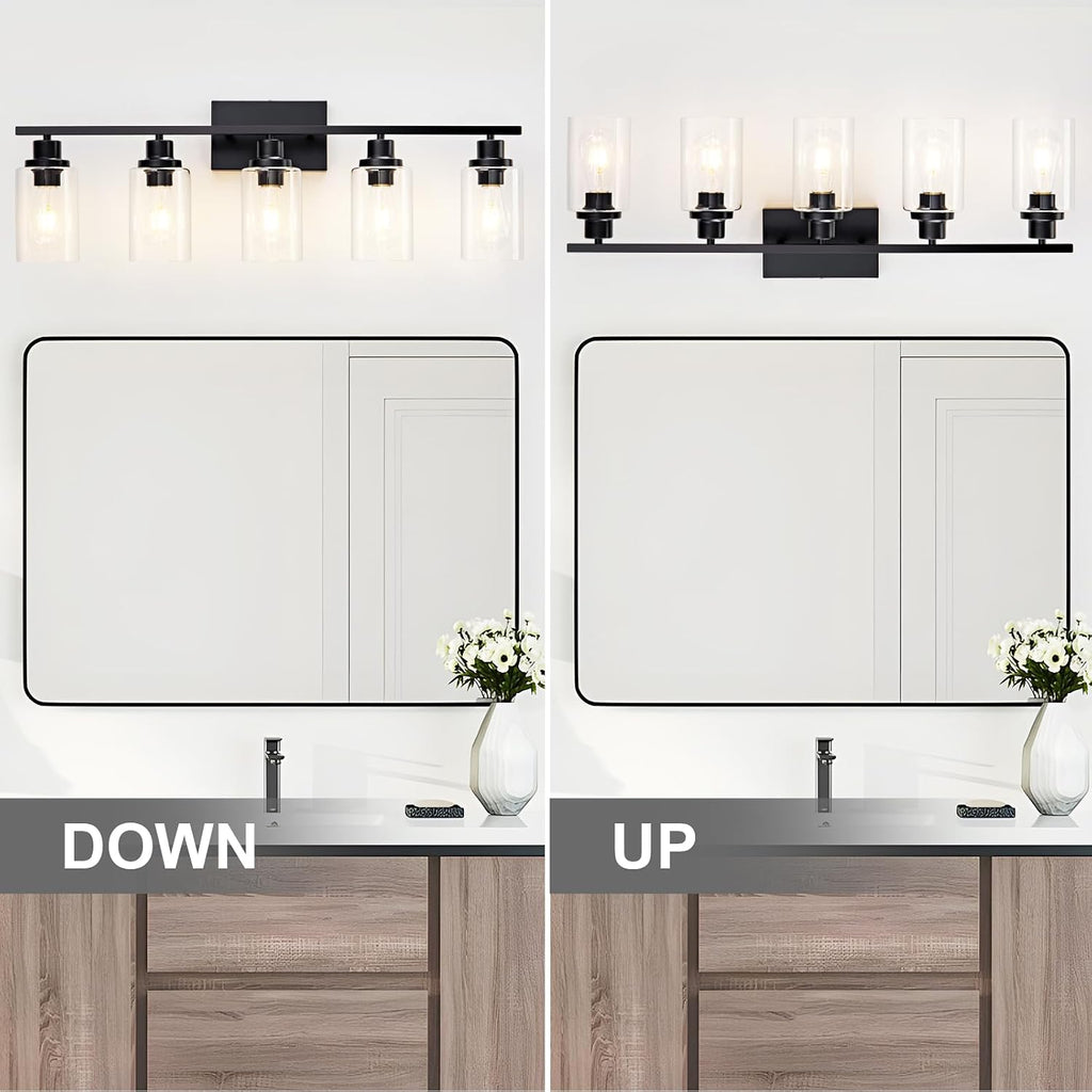 5 Light Bathroom Light Fixtures Black Vanity Light Over Mirror Modern Farmhouse Wall Lighting Sconces Wall Lamp for Bathroom, Bedroom, Living Room E26 Socket with Glass Shade