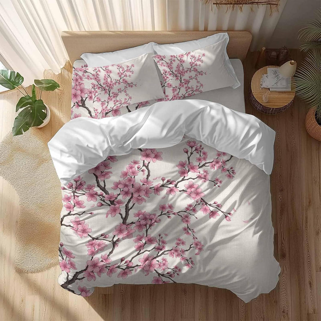 Pink Cherry Flowers Duvet Cover Set Queen Size 4 Pieces Watercolor Floral Tree Branches Linen Texture Bedding Set with Zipper Closure, 1 Comforter Cover 92x106 Inches 1 Flat Sheet & 2 Pillow Cases