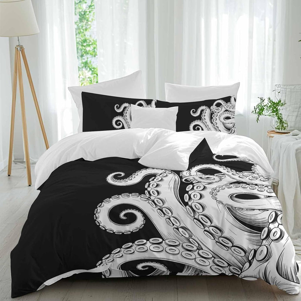 Abstract Octopus Duvet Cover Set Queen Size 4 Pieces Vintage Gray White Octopus Touches Black Background Bedding Set with Zipper Closure, 1 Comforter Cover 92x106 Inches 1 Flat Sheet & 2 Pillow Cases