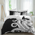 Abstract Octopus Duvet Cover Set Queen Size 4 Pieces Vintage Gray White Octopus Touches Black Background Bedding Set with Zipper Closure, 1 Comforter Cover 92x106 Inches 1 Flat Sheet & 2 Pillow Cases