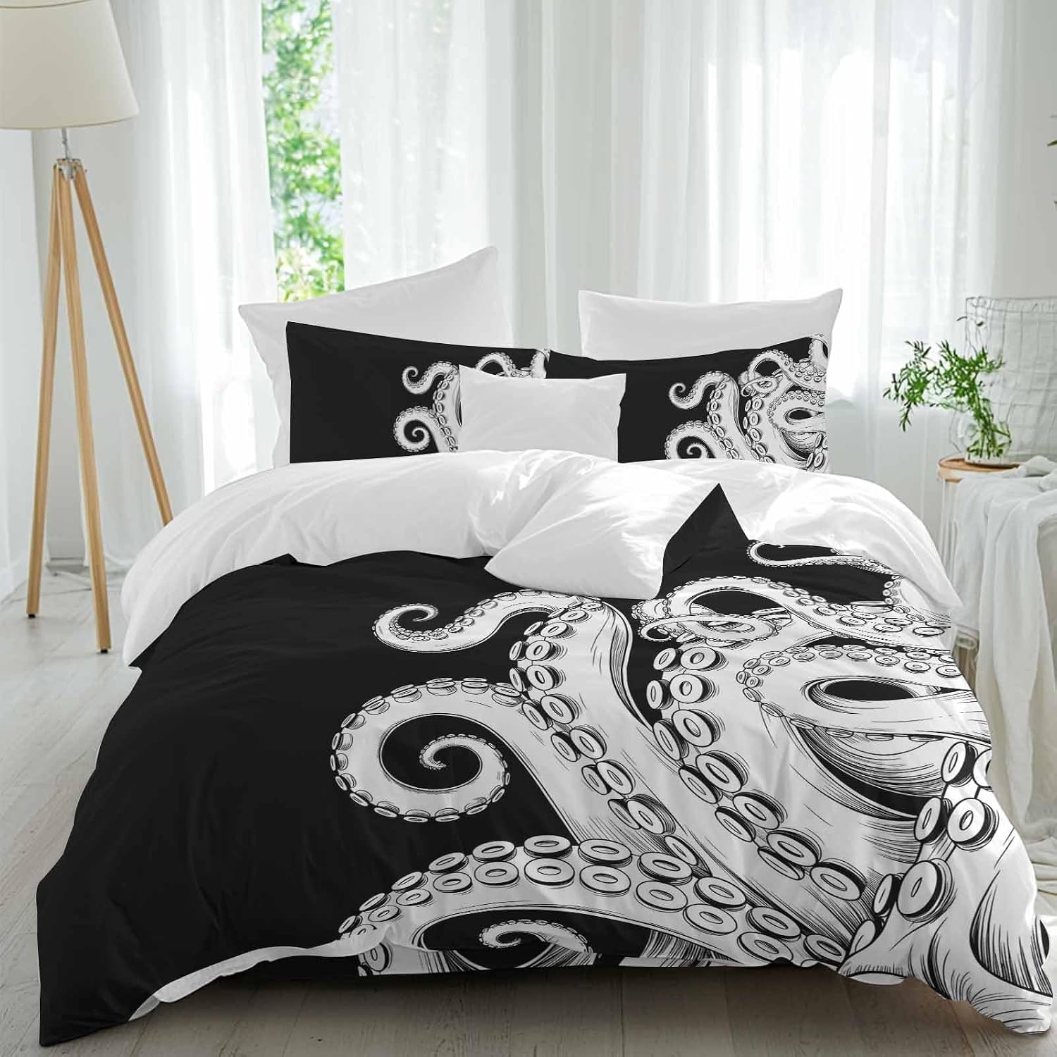 Abstract Octopus Duvet Cover Set Queen Size 4 Pieces Vintage Gray White Octopus Touches Black Background Bedding Set with Zipper Closure, 1 Comforter Cover 92x106 Inches 1 Flat Sheet & 2 Pillow Cases