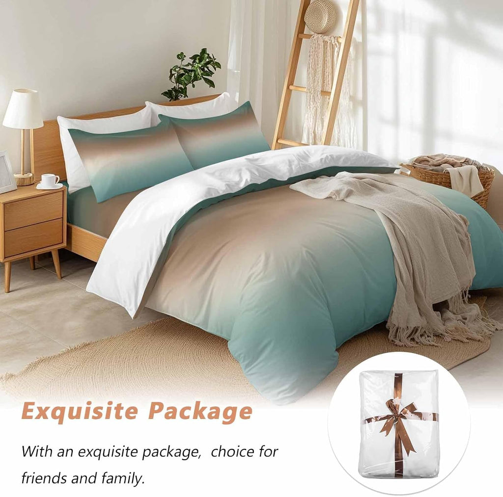 Prime Leader Gradient Green Duvet Cover Set Queen Size 4 Pieces Modern Minimalist Green Brown Ocean Beach Bedding Set with Zipper Closure, 1 Comforter Cover 86x86 Inches 1 Flat Sheet & 2 Pillow Cases