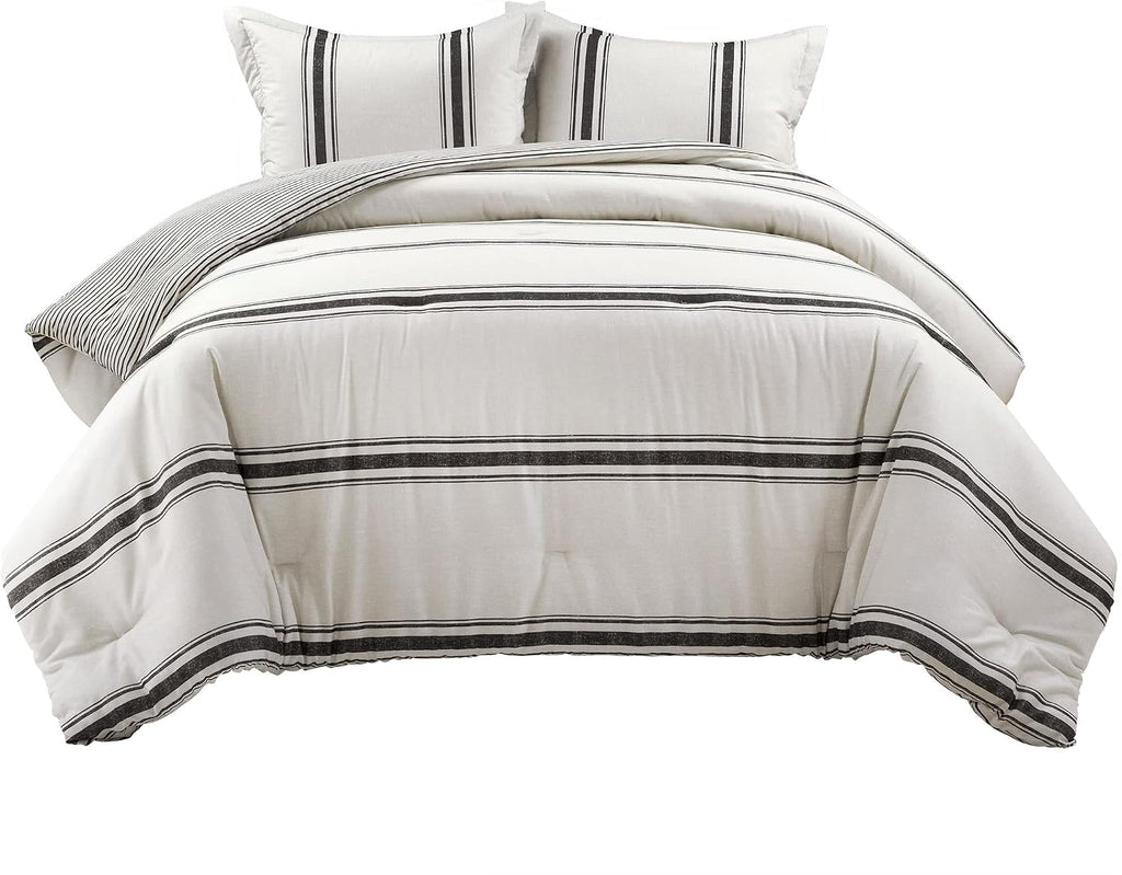 Lush Decor Farmhouse Stripe Reversible Cotton Comforter Set, 3 Piece Set, King, Black - Cozy Farmhouse Bedding Set - Rustic Decor - Striped Comforter - Modern Farmhouse Bedroom Decor