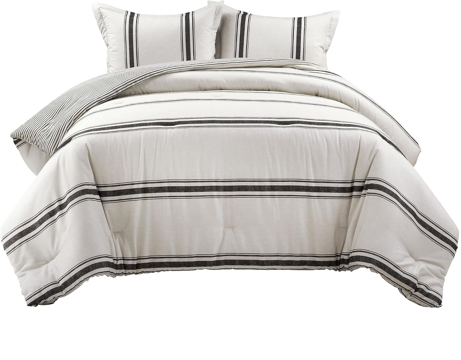 Lush Decor Farmhouse Stripe Reversible Cotton Comforter Set, 3 Piece Set, King, Black - Cozy Farmhouse Bedding Set - Rustic Decor - Striped Comforter - Modern Farmhouse Bedroom Decor