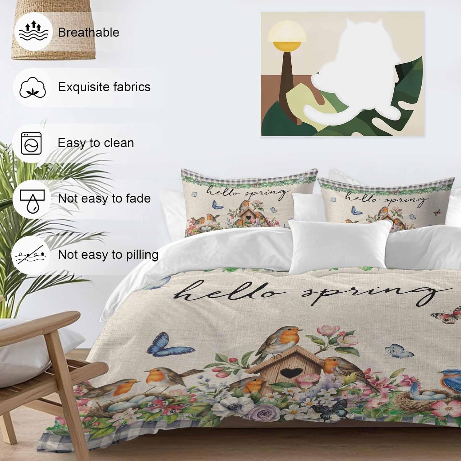 Hello Spring Duvet Cover Set Queen Size 4 Pieces Bird Pink White Flowers Butterflies Vintage Linen Texture Bedding Set with Zipper Closure,1 Comforter Cover 92x106 Inches 1 Flat Sheet & 2 Pillow Cases