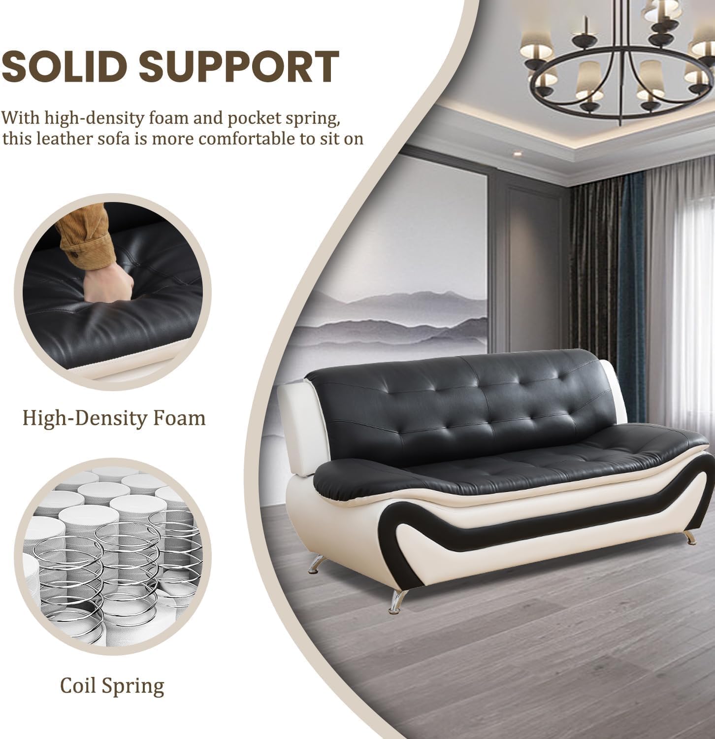 Contemporary Living Room Furniture Set, Vegan Leather Sofa Set for Living Room/House/Bedroom/Office/Apartment (Black&White, Sofa&Loveseat)