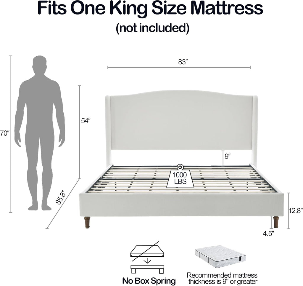 King Size Bed Frame With Headboard,54'High Headboard Chenille Upholstered Platform Bed,bedroom Furniture Sets No Springs Required,Metal Bed Frame With Wooden Slats for Strong Support,Cream White