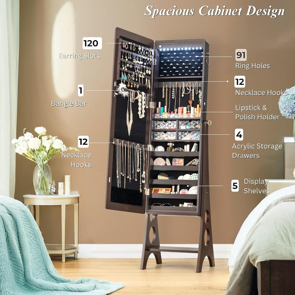 BTEXPERT Mirror Jewelry Cabinet Standing, Large Storage Jewelry Armoire, Full-Length Frameless Mirror with Jewelry Storage, 12 LED Lockable Standing Jewelry Organizer Brown