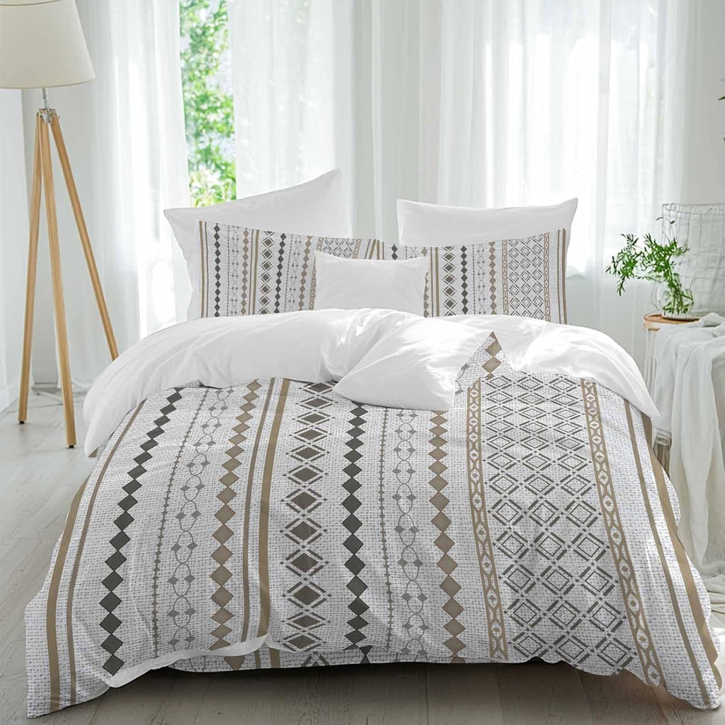 Bohemia Geometric Duvet Cover Set Queen Size 4 Pieces Brown Stripes Diamond Ethnic Linen Texture Bedding Set with Zipper Closure, 1 Comforter Cover 92x106 Inches 1 Flat Sheet & 2 Pillow Cases