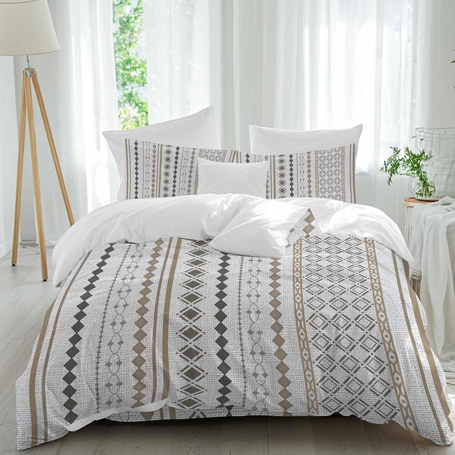 Bohemia Geometric Duvet Cover Set Queen Size 4 Pieces Brown Stripes Diamond Ethnic Linen Texture Bedding Set with Zipper Closure, 1 Comforter Cover 92x106 Inches 1 Flat Sheet & 2 Pillow Cases