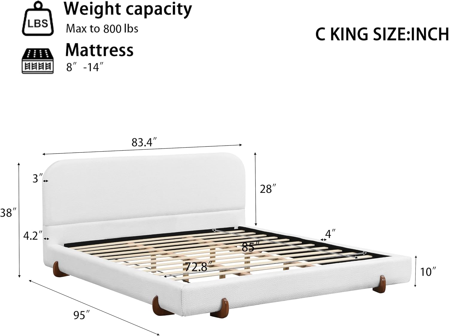 Curve-Shaped Upholstered Platform Bed with Curved Shaped Headboard, King Size Wood Bed Frame with Unique Design Legs for Bedroom Furniture, Chenille Thick Fabric Grounded Bed (White, California King)