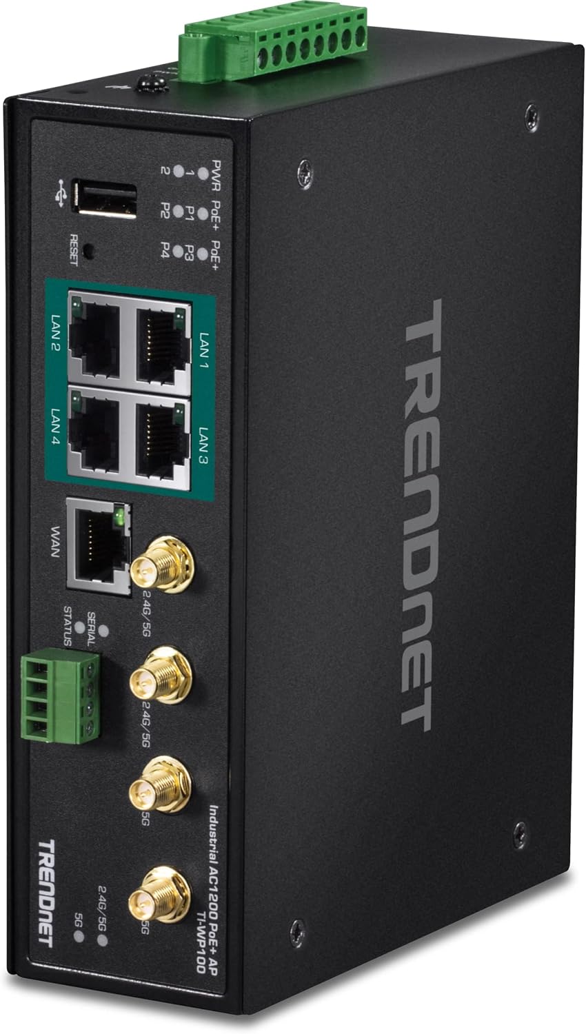 TRENDnet Industrial AC1200 Wireless Gigabit PoE+ Router, TI-WP100, IP30 Housing, Dual-WAN, Dual-Band WiFi, VPN, Inter-VLAN Routing