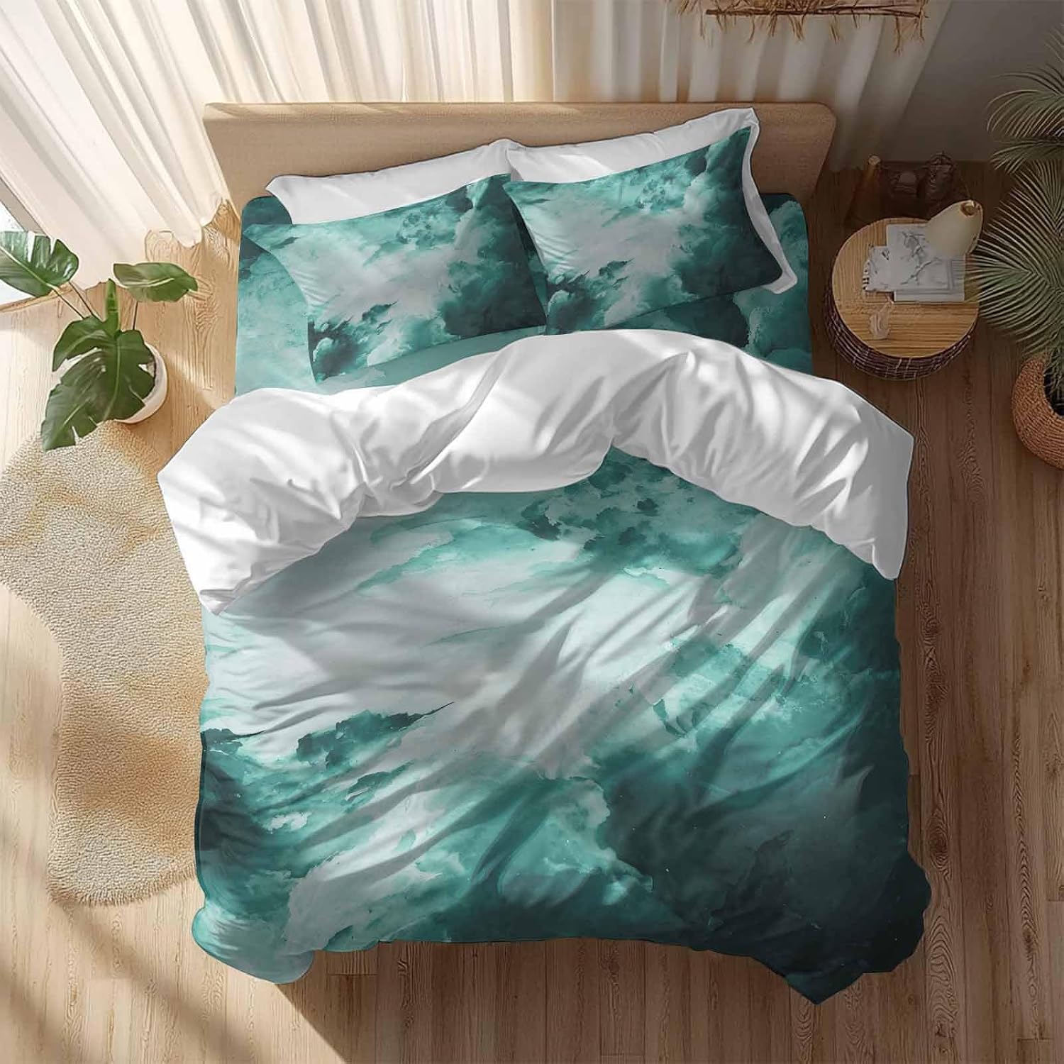 Prime Leader Clouds Duvet Cover Set Queen Size 4 Pieces Abstract Gradient Green Clouds Sky Bedding Set with Zipper Closure, 1 Comforter Cover 92x106 Inches 1 Flat Sheet & 2 Pillow Cases