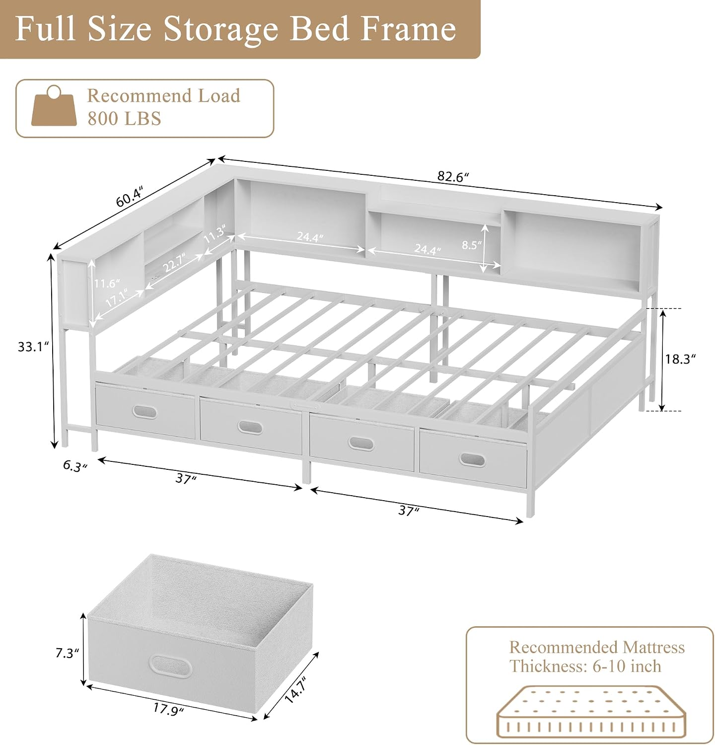 Full Size Corner Bed Frame with LED Lights, Charging Station & 8-Bookcase Headboard, Metal Platform Corner Bed with 4 Storage Drawers, Full Daybed for Kids Teens Guests, White