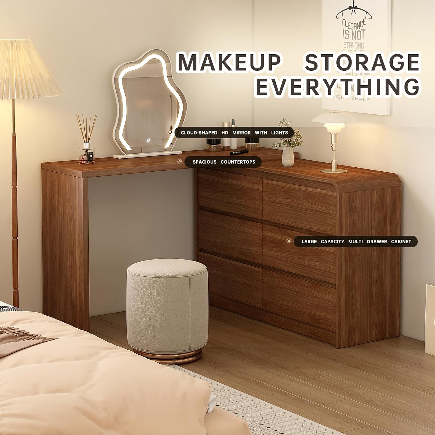 Messenya Makeup Vanity Desk with Cloud HD Mirror and Lights, 50-94in Extendable Modern Vanity Table Set with Chair, 6-Drawer Storage Cabinet with Rounded Corners, Dressing Table for Bedroom, Brown