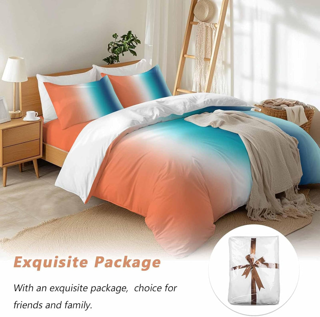 Gradient Orange Teal Duvet Cover Set Queen Size 4 Pieces Modern Abstract Minimalist Blue Ocean Beach Bedding Set with Zipper Closure, 1 Comforter Cover 92x106 Inches 1 Flat Sheet & 2 Pillow Cases